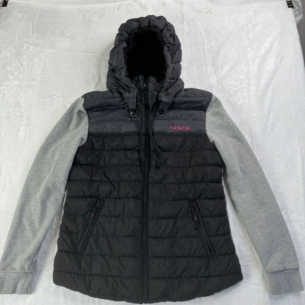 Noize Black Puffer Jacket with Gray Sleeves and Pink Logo